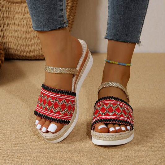 New Color-blocked Wave-patterned Sandals Summer Fashion Wedges Slippers Outdoor Ethnic Style One-line Thick-soled Shoes For Women